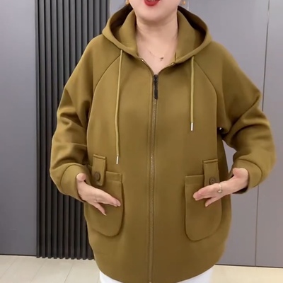 纯色大兜连帽长袖拉链开衫外套