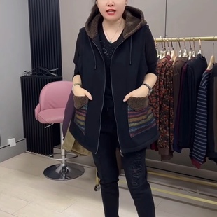 冬季加大码女装棉马夹连帽拉链拼接羊羔毛牛仔马甲显瘦百搭妈妈装