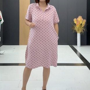 夏季休闲百搭女韩版加肥加大码翻领短袖波点中长款连衣裙宽松显瘦