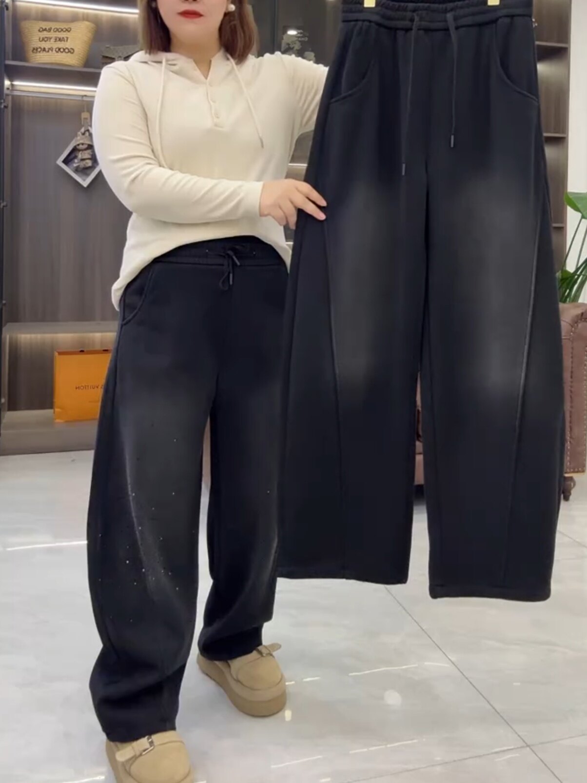秋冬款女装加肥加大码高腰烫钻加绒直筒休闲裤宽松阔腿卫裤长裤子