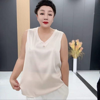 V领醋酸贡缎拼接蕾丝砍袖背心