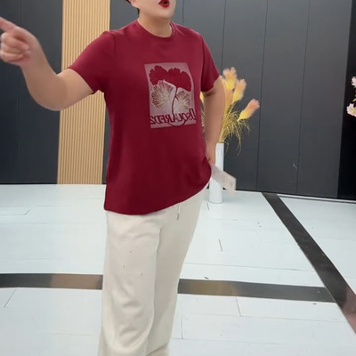 夏季圆领烫钻树叶字母短袖T恤