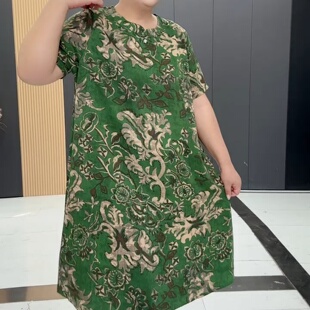 夏季薄款大码妈妈装圆领短袖碎花连衣裙宽松显瘦休闲中长款复古裙
