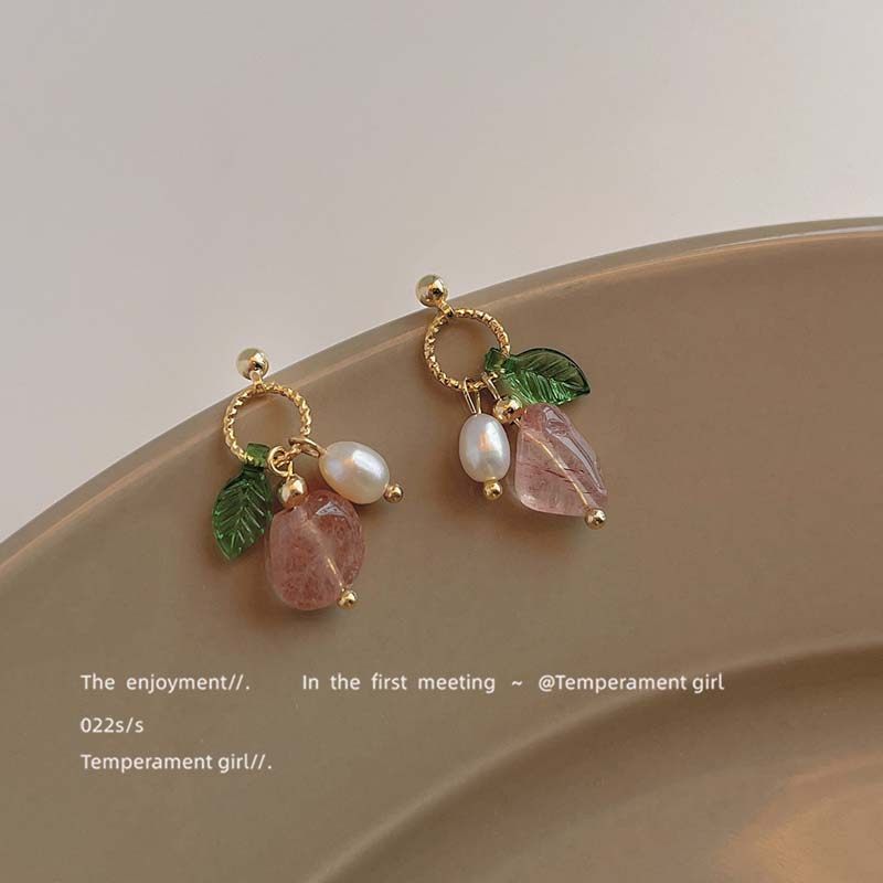 草莓晶淡水珍珠手作设计感925银针镀14K耳环女复古美人耳钉
