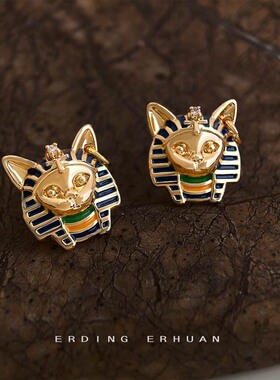 中古风埃及猫头法老925银针镀14K珐琅滴釉彩绘耳钉工耳饰女