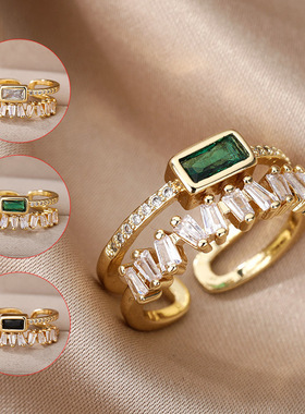 几何双层戒指微镶指环T方复古时尚尾戒女轻奢百搭精致