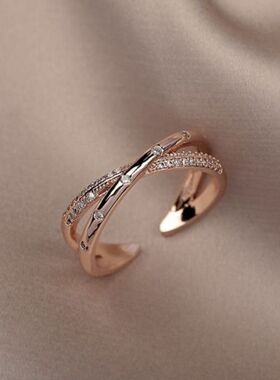 简约交叉食指戒指女ins潮网红时尚个性可调节微镶玫瑰金指环