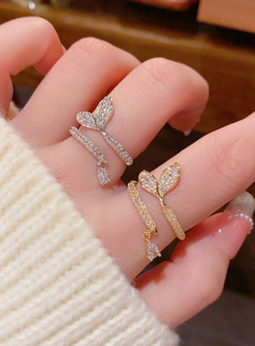 日韩精致时尚百搭满钻鱼尾水滴开口戒个性轻奢简约高级感超闪指环