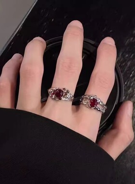 暗黑风肌理感戒指红宝石开口不规则液态指环小众设计感食指戒