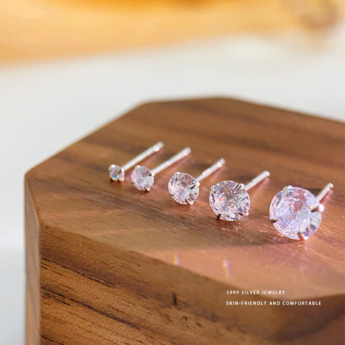 S999足银锆石耳钉睡觉不用摘耳环养耳棒新款耳饰女气质款