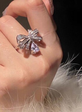 夏季蝴蝶结水滴戒指女立体闪钻轻奢质感小众设计甜美潮开口指环