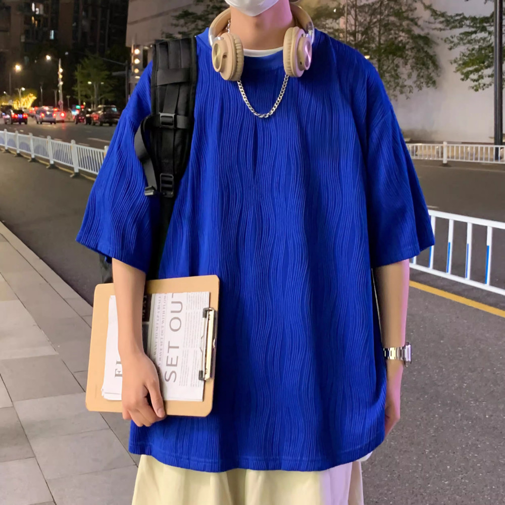 GENIO LAMODE克莱因蓝冰丝七分袖t恤男宽松半截设计感大码夏季体