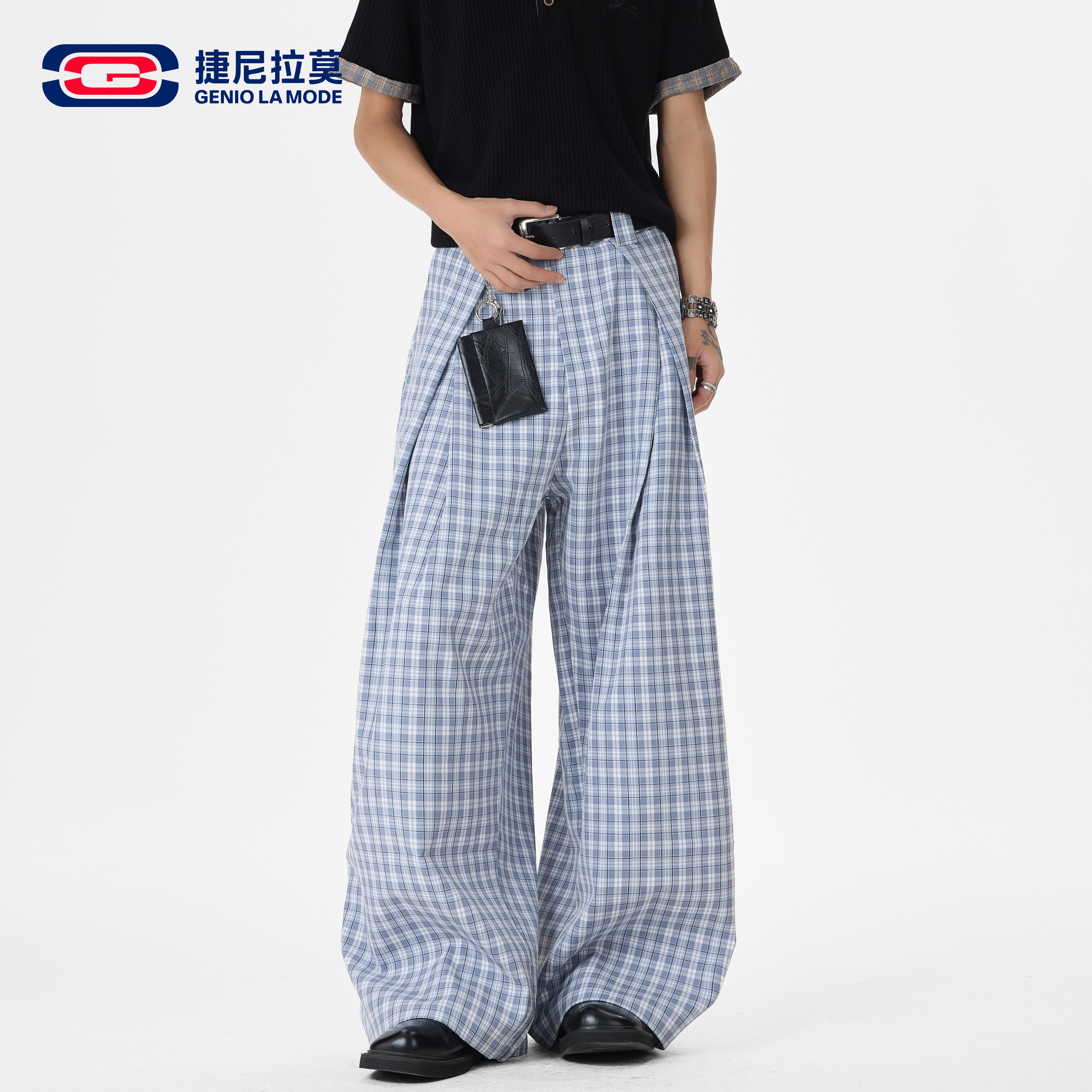 捷尼拉莫美式撞色蓝格子裤男女款