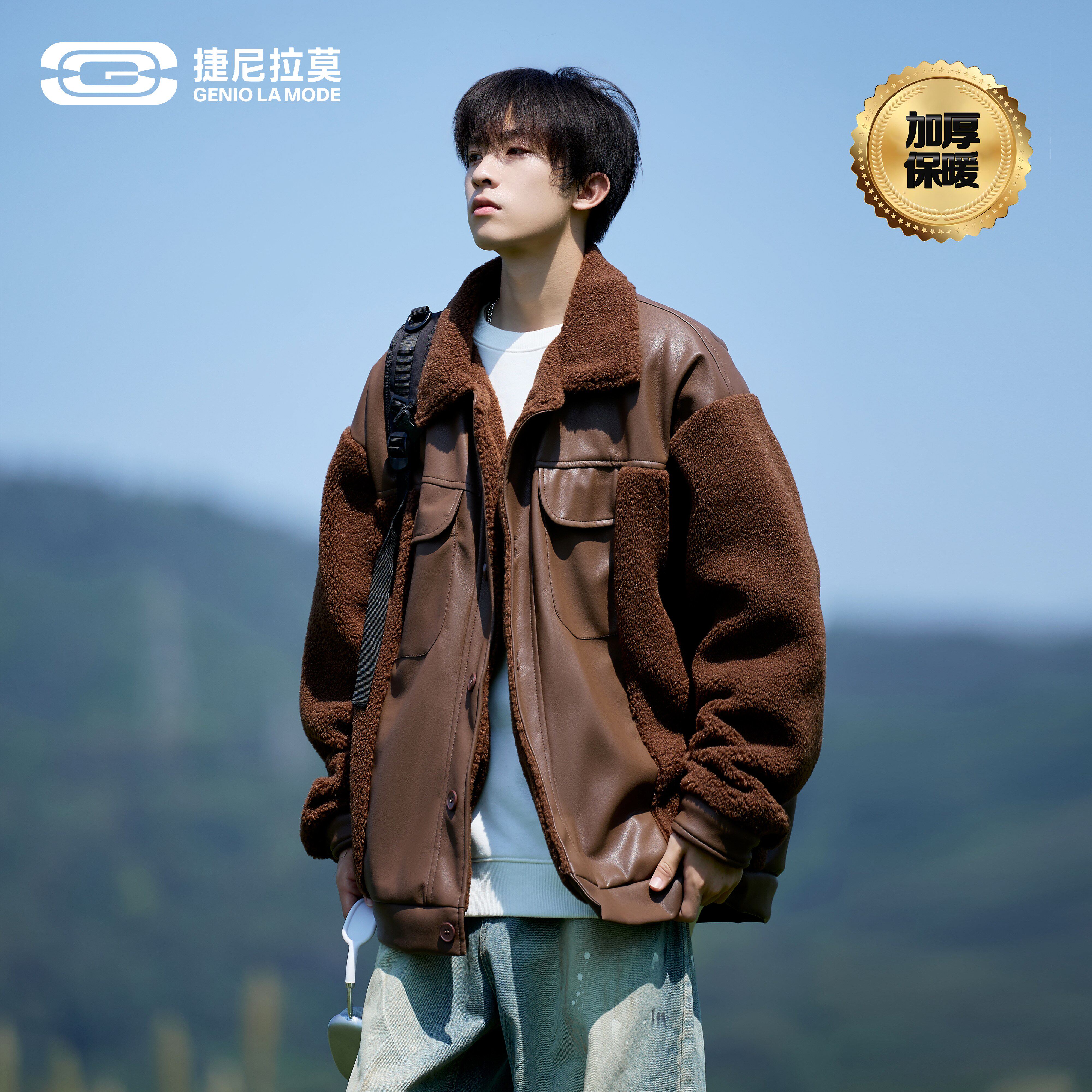 拼接PU皮棉衣款保暖翻领棉袄外套