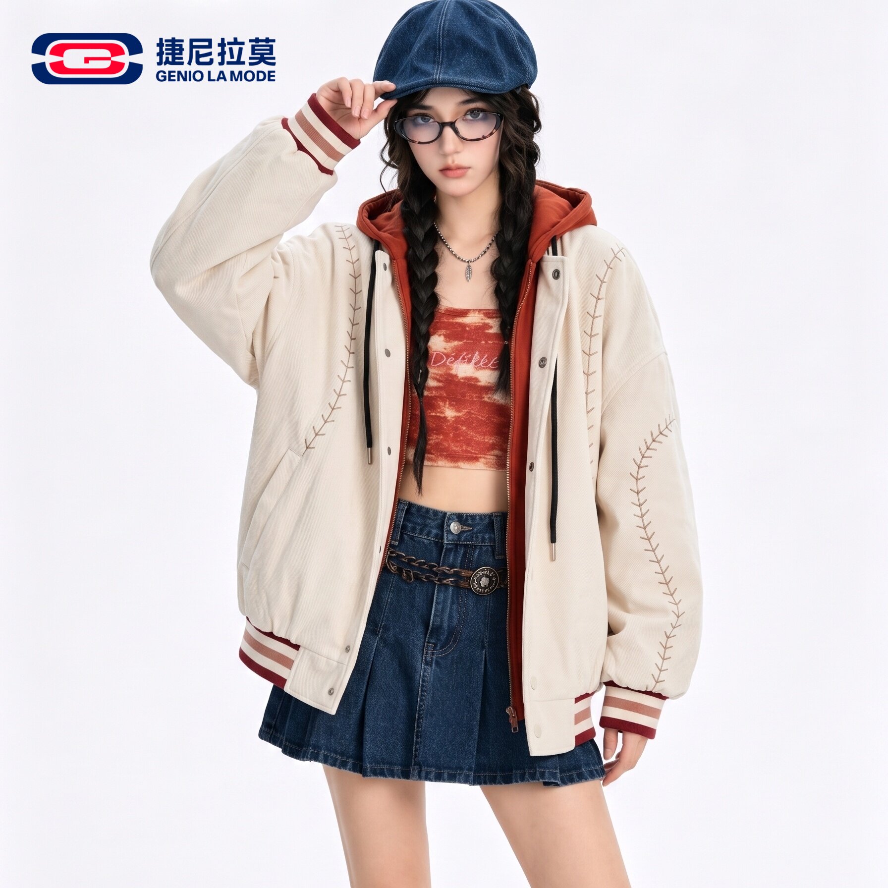 捷尼拉莫美式复古假两件连帽夹克