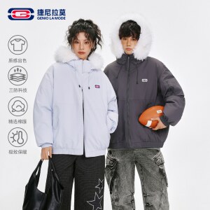 捷尼拉莫美式毛领棉服连帽外套