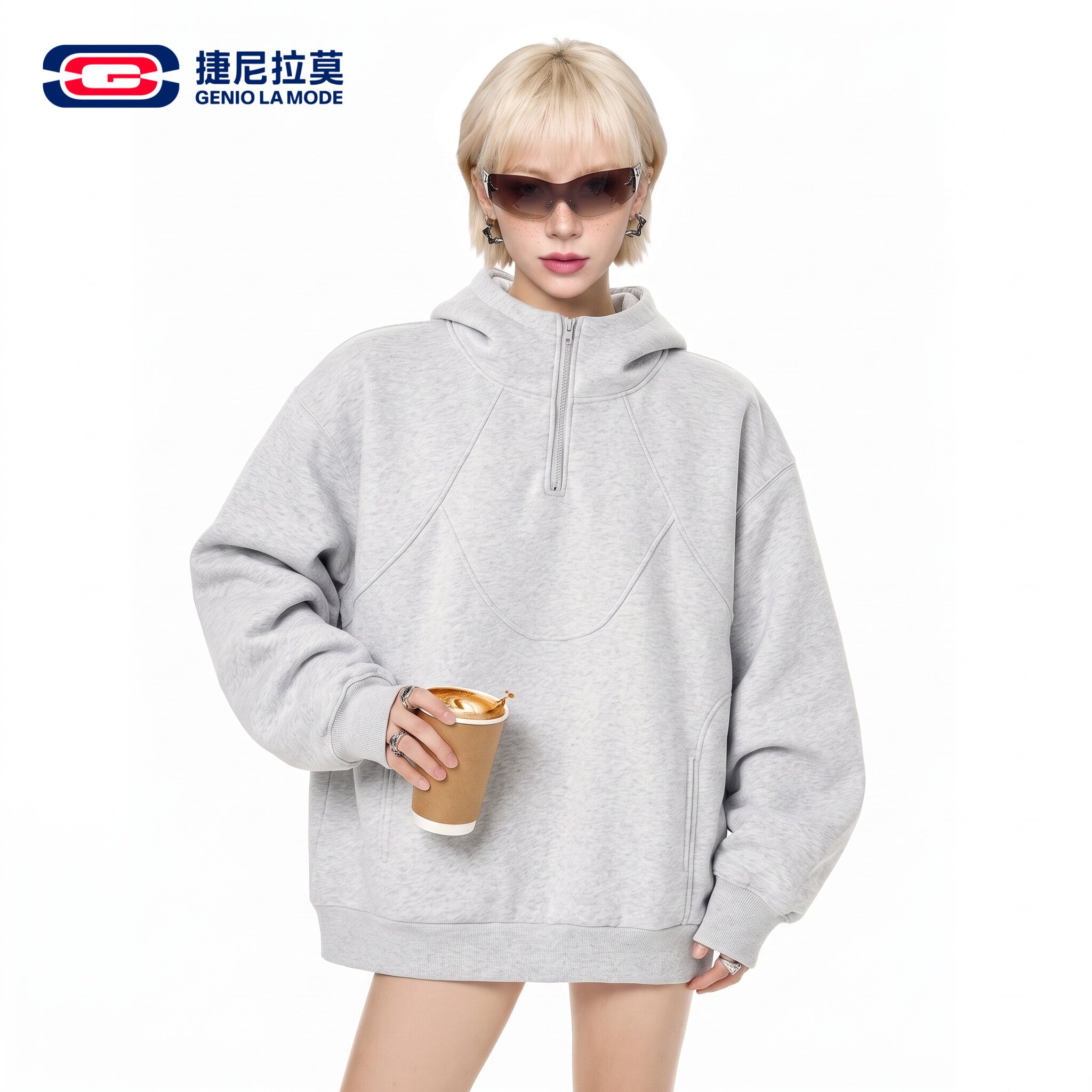 捷尼拉莫美式风半拉链连帽卫衣男