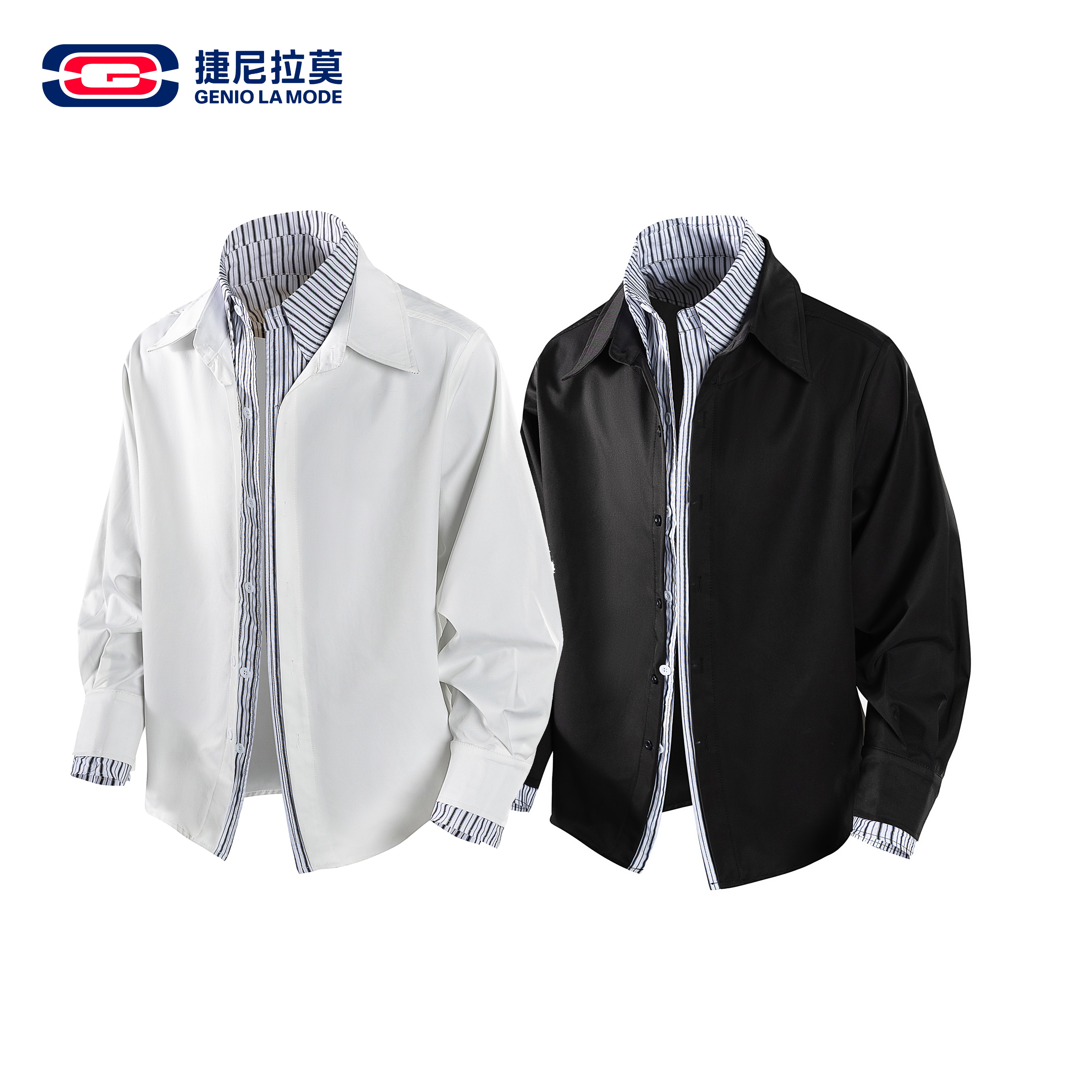 捷尼拉莫假两件拼接条纹衬衫夹克