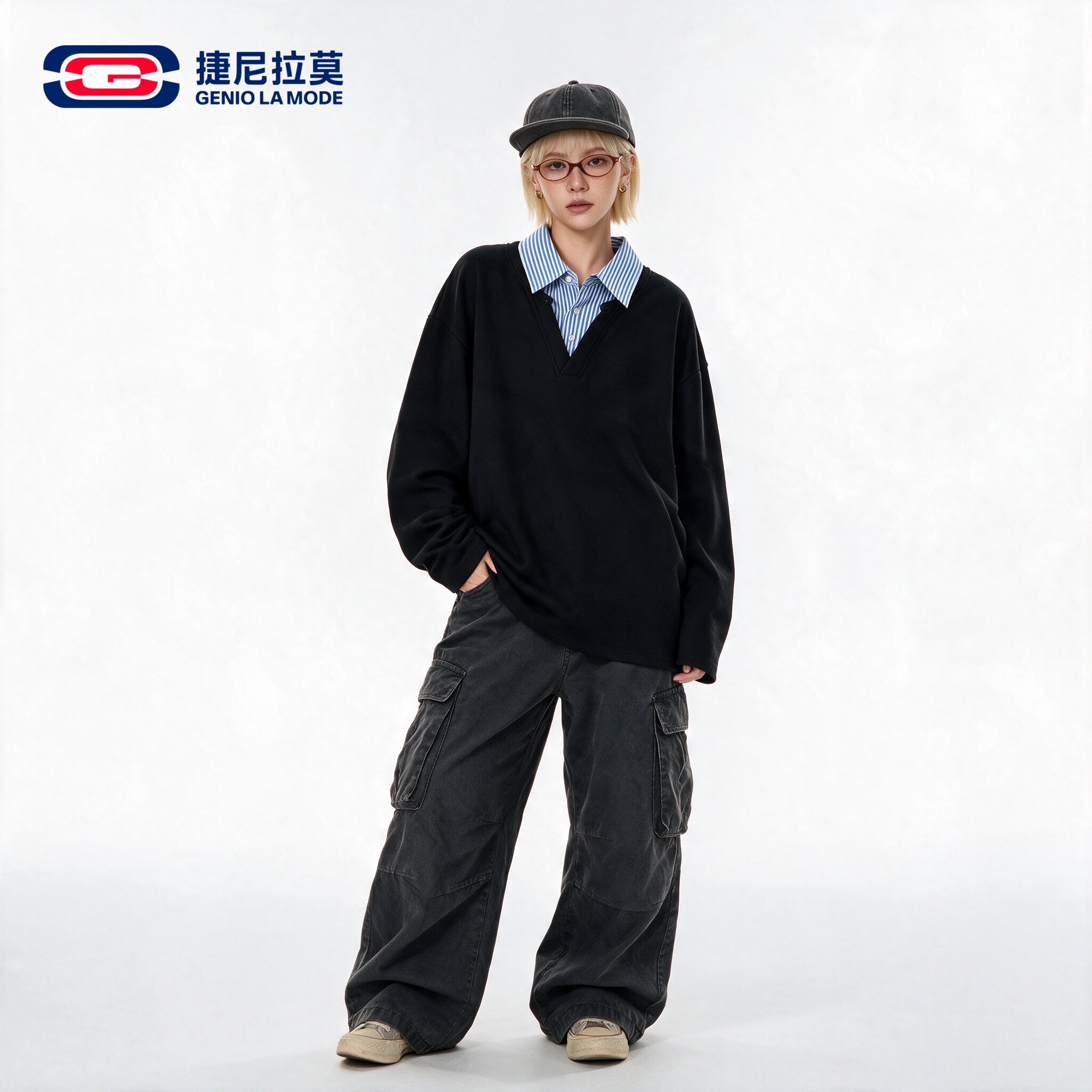 捷尼拉莫美式假两件宽松V领卫衣