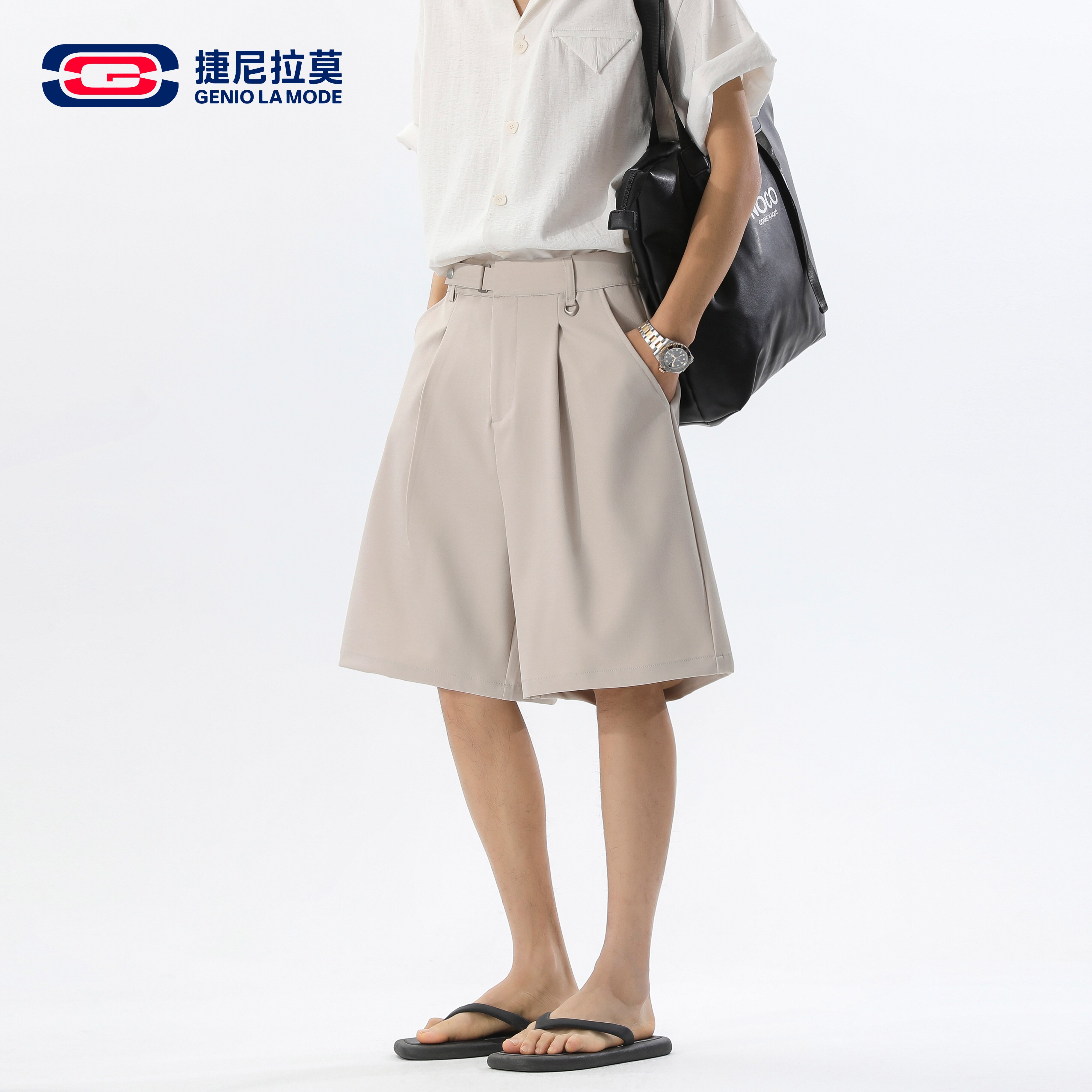 捷尼拉莫卡其色五分西裤男夏季阔腿抗皱冰丝通勤宽松休闲西装短裤