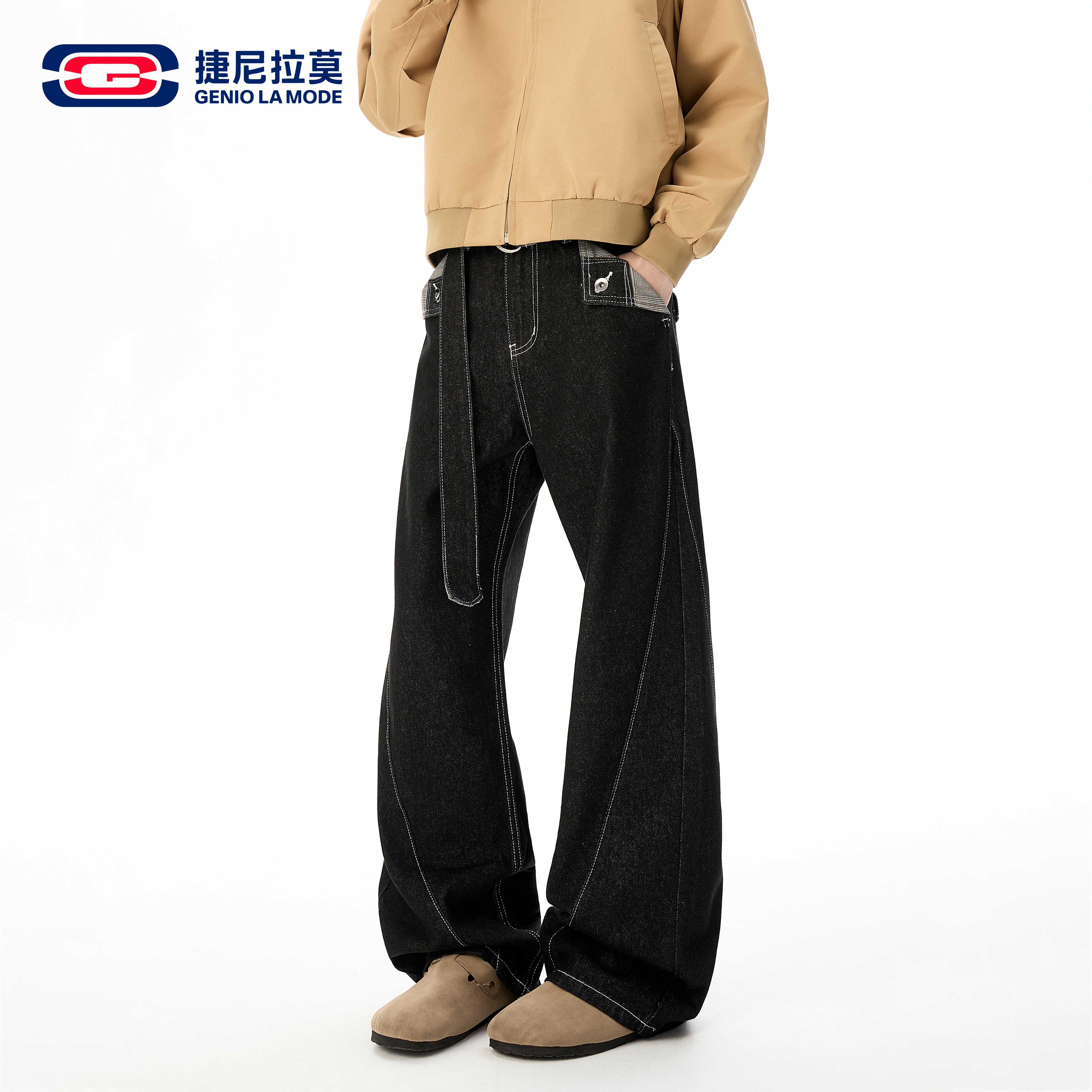 捷尼拉莫美式复古黑色牛仔裤男女