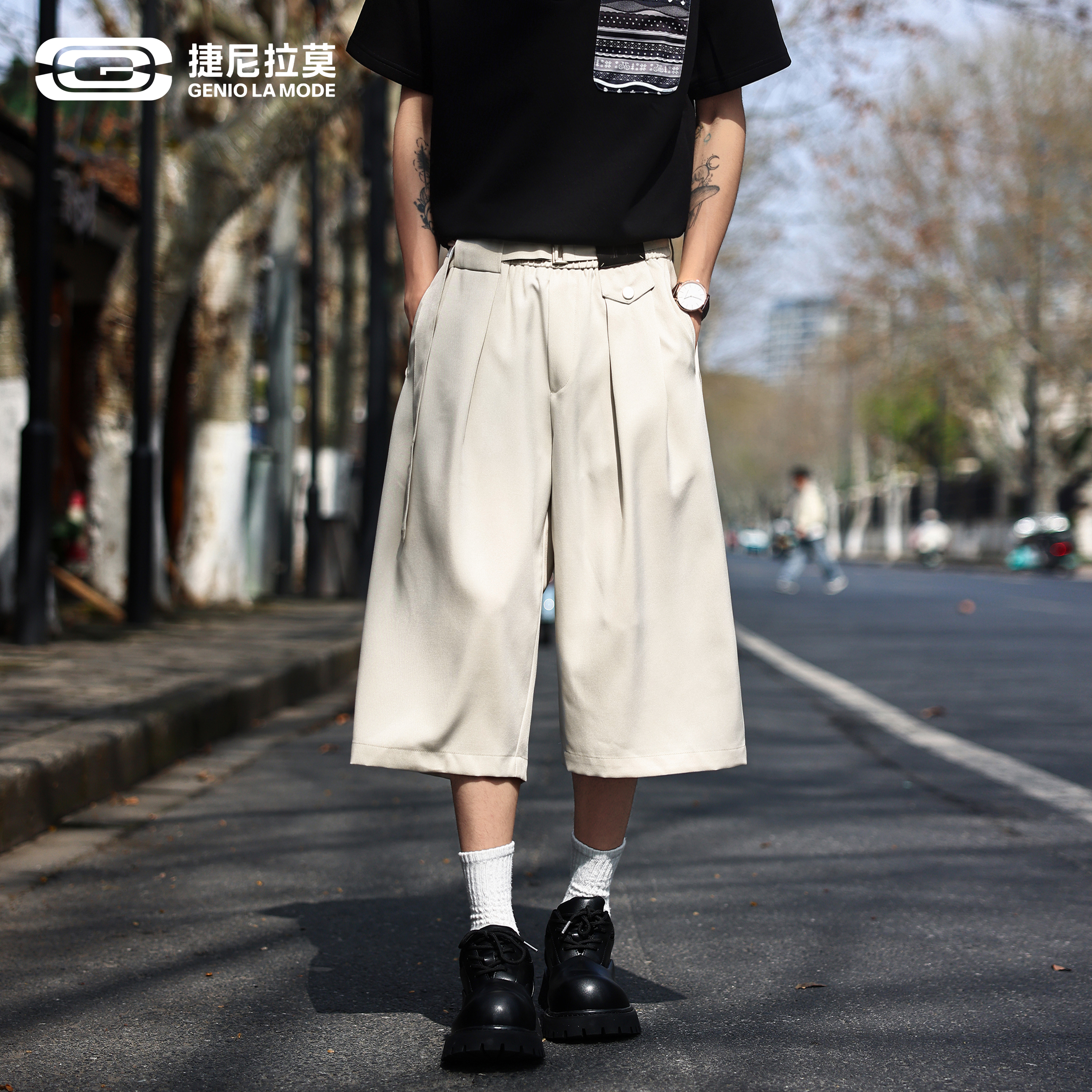 捷尼拉莫夏季薄款七分裤男女美式宽松腰带休闲西裤大码7分阔腿裤