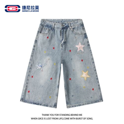 捷尼拉莫星星刺绣七分牛仔裤男女