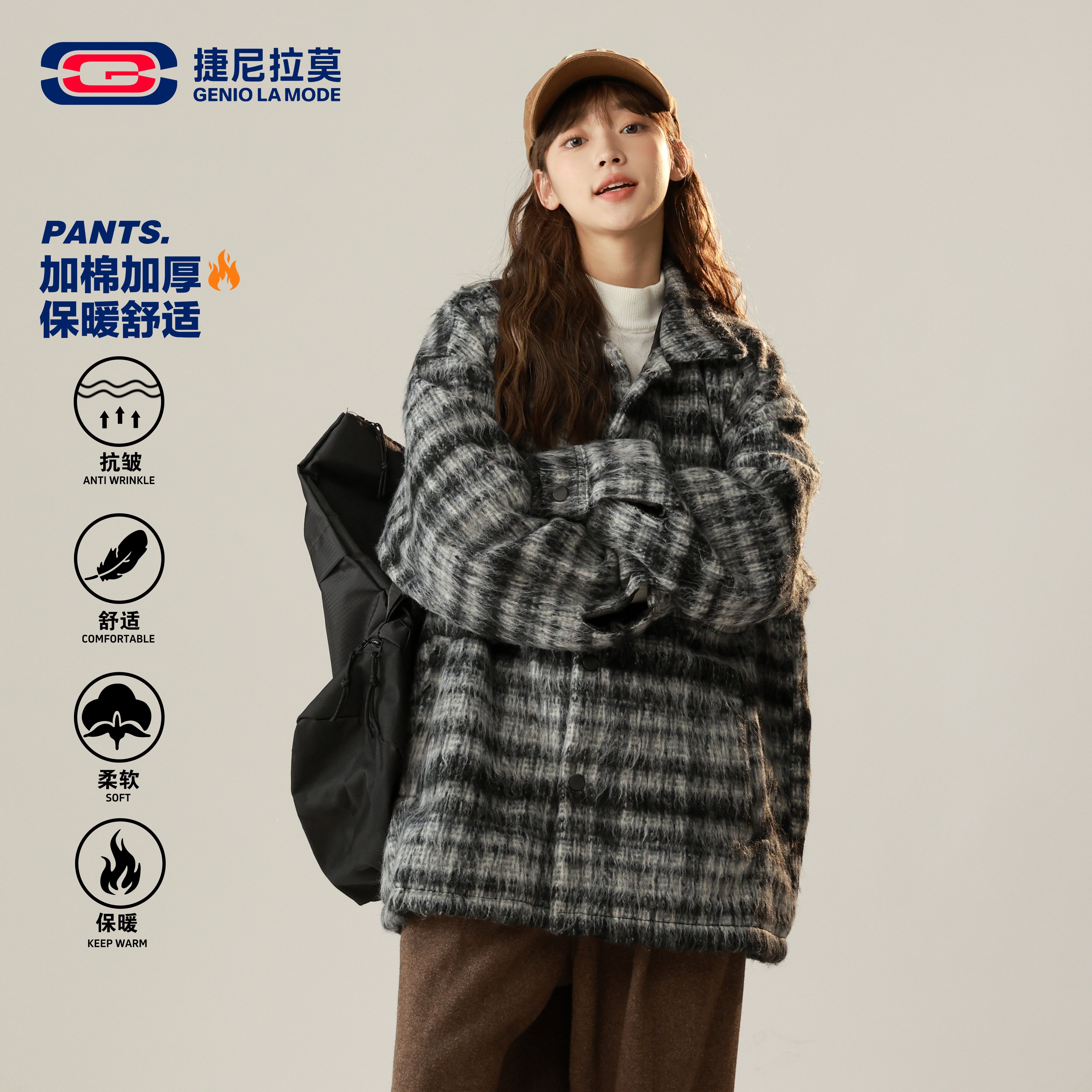 GENIO LAMODE冬季美式毛呢格子棉服男女款潮牌冬季外套 - 实物图