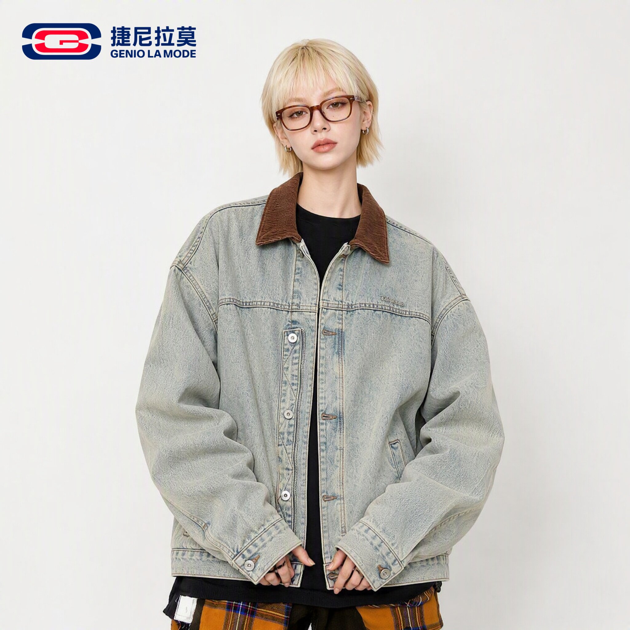 捷尼拉莫美式撞色翻领牛仔夹克