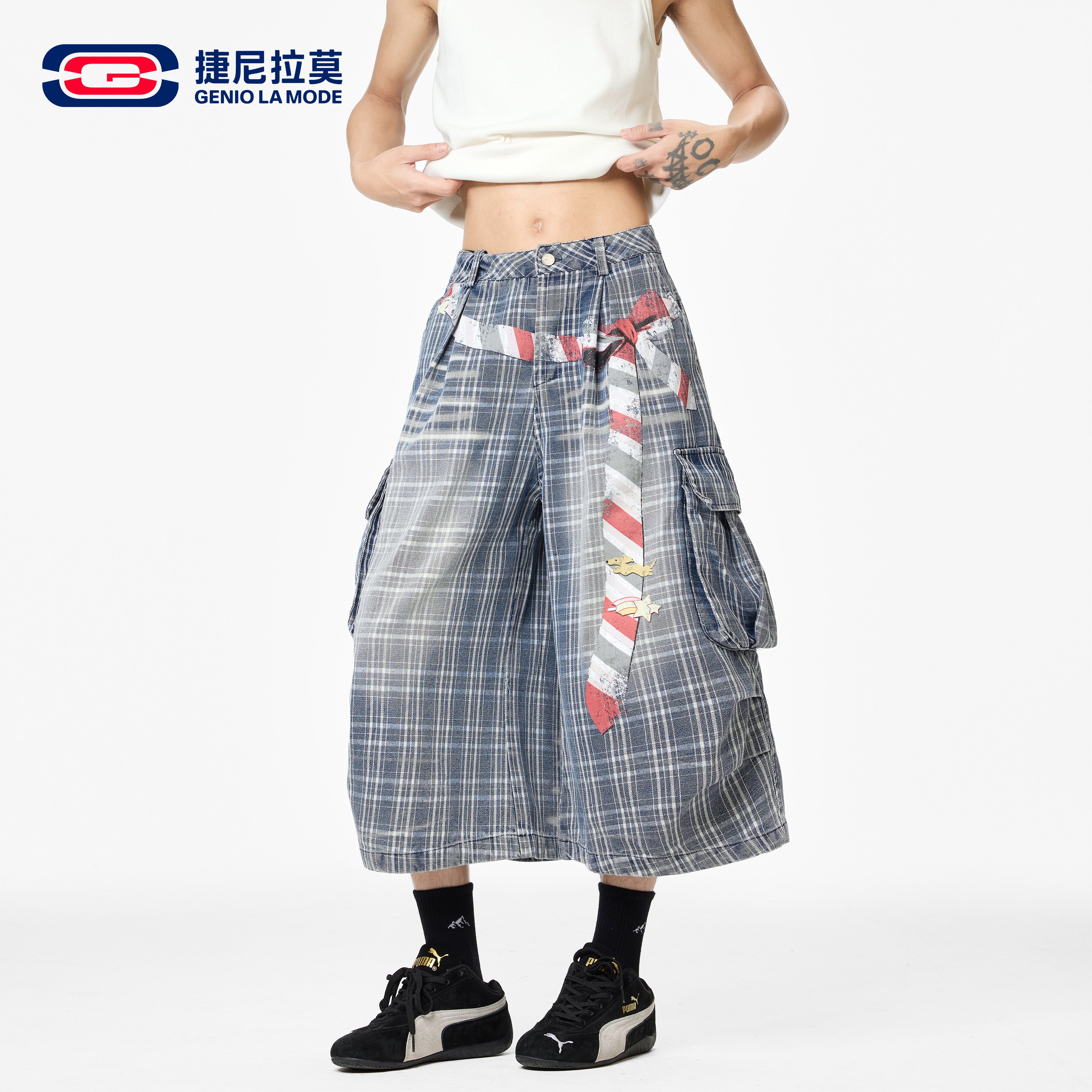 美式工装风领带印花七分裤