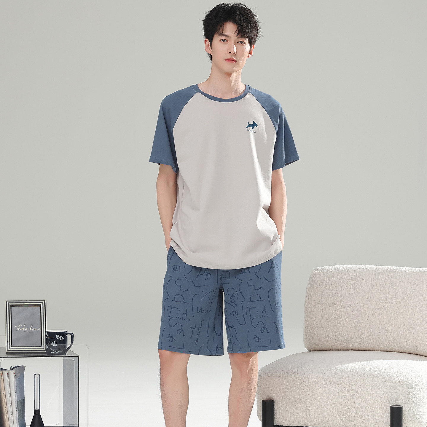 男生家居服夏季薄款纯棉短袖短裤套装纯色休闲简约全棉居家服男款