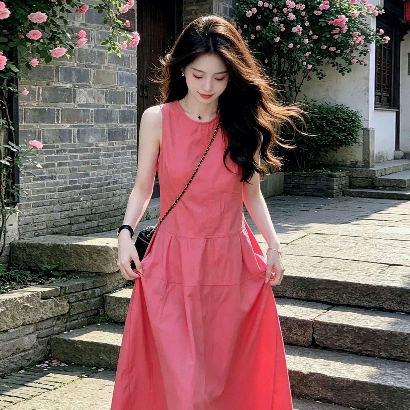 绝美度假风粉色无袖连衣裙子女装