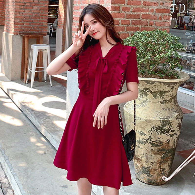 酷伽桔梗法式小红裙夏新款赫本复古显瘦短袖连衣裙5622