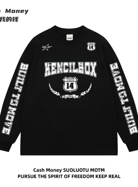 Cash Money数我的钱 斑驳字母印花长袖T恤美式男女百搭宽松打底衫