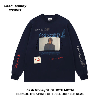 数我的钱 美式复古长袖T恤秋季宽松男女潮流上衣打底衫