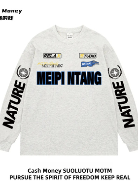 Cash Money数我的钱 美式赛车印花T恤潮流长袖小众百搭休闲上衣服