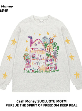 Cash Money数我的钱 美式涂鸦印花长袖T恤男女百搭潮流宽松打底衫