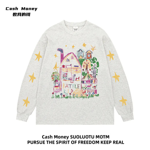 Money数我 T恤男女百搭潮流宽松打底衫 钱 涂鸦印花长袖 美式 Cash