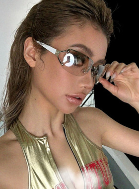 欧美风y2k千禧辣妹无边框镶钻墨镜未来感渐变骑行全包围太阳眼镜