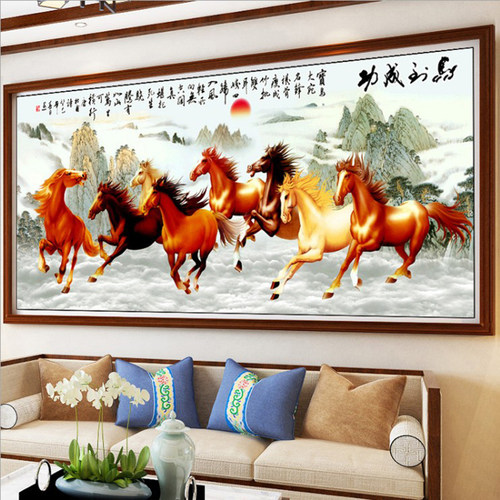 新款马到成功八骏图粘沾5d钻石画