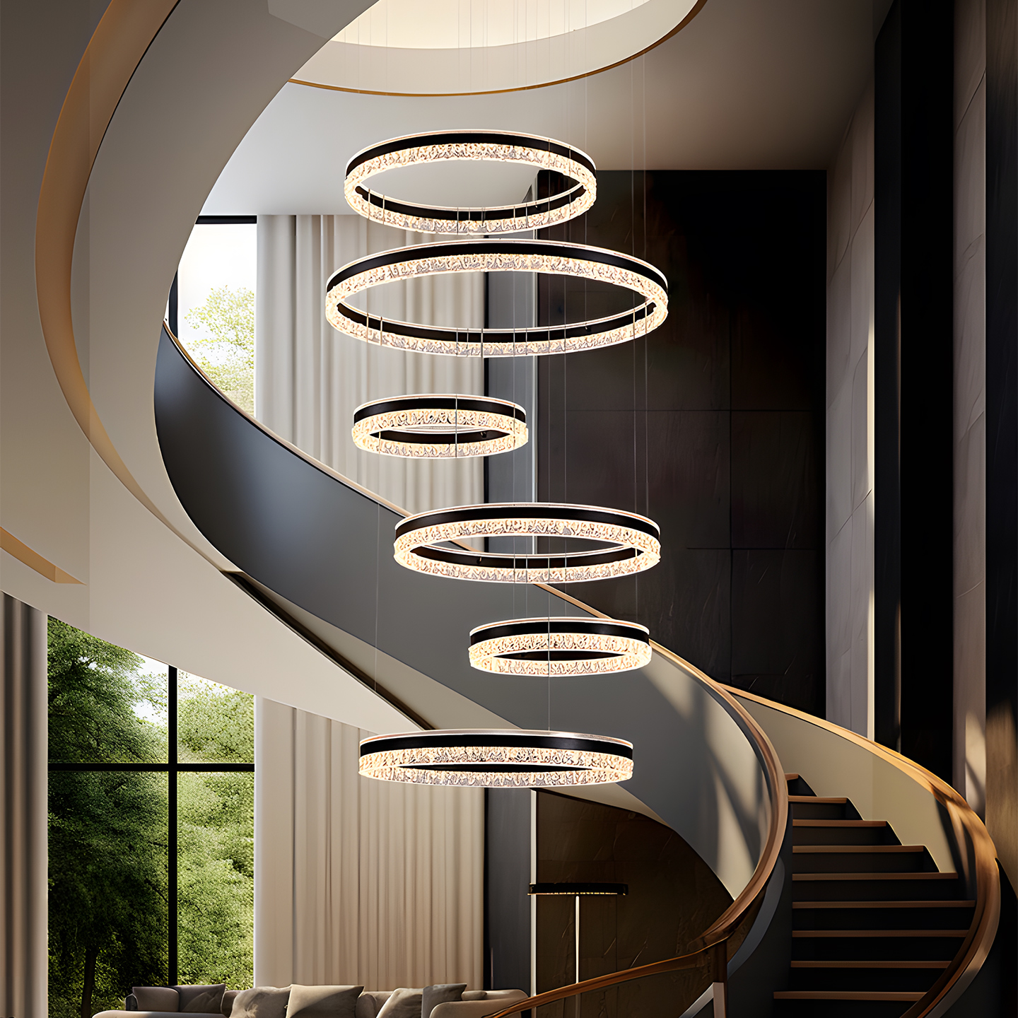 别墅复式楼客厅上下发光大吊灯