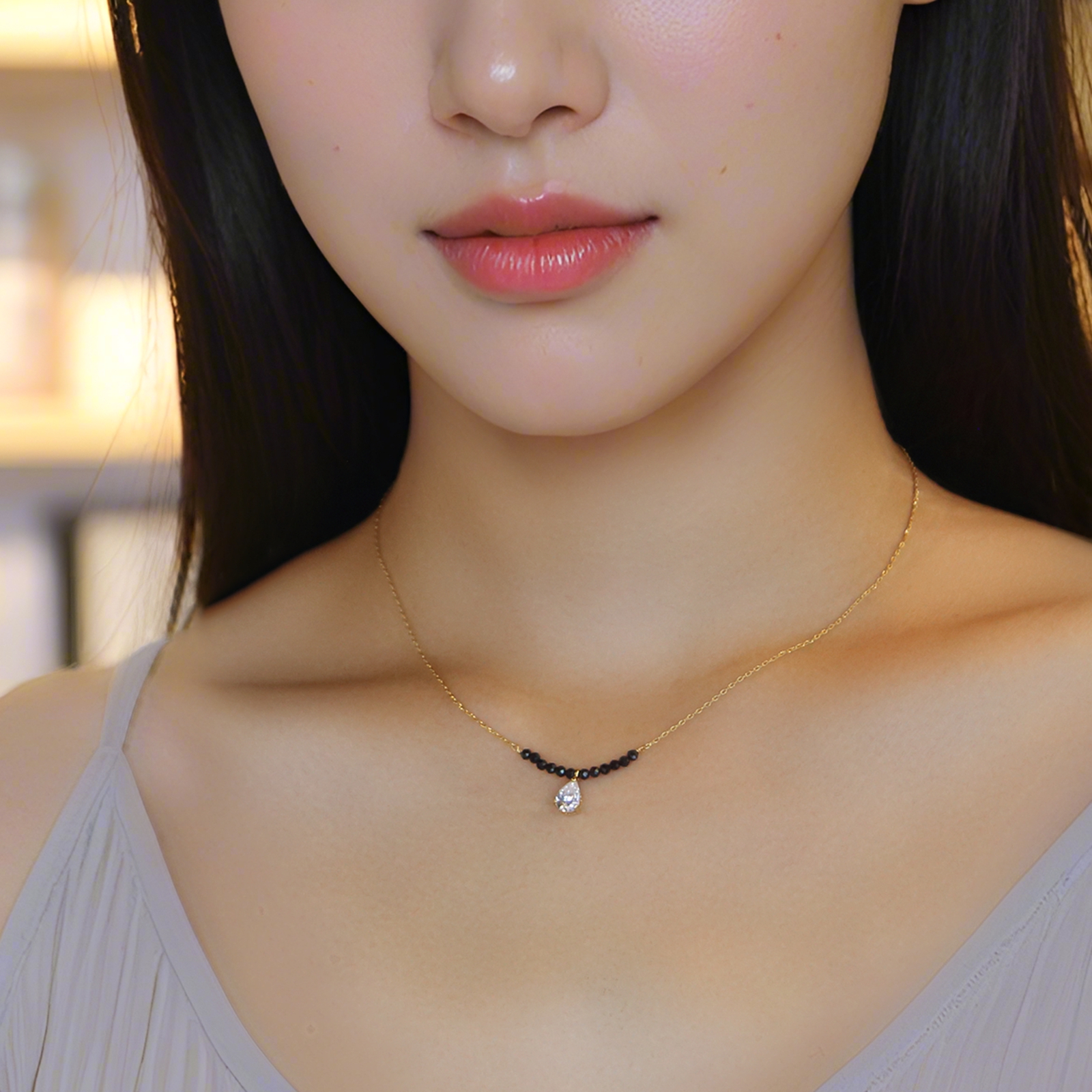日本颈链choker女钻石项链水滴锆石尖晶石短项链锁骨链14K包金链