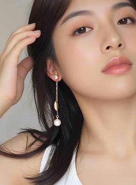 莱茵石法式优雅棉花珍珠耳环新款礼物婚纱时尚叶子流苏金色无耳洞