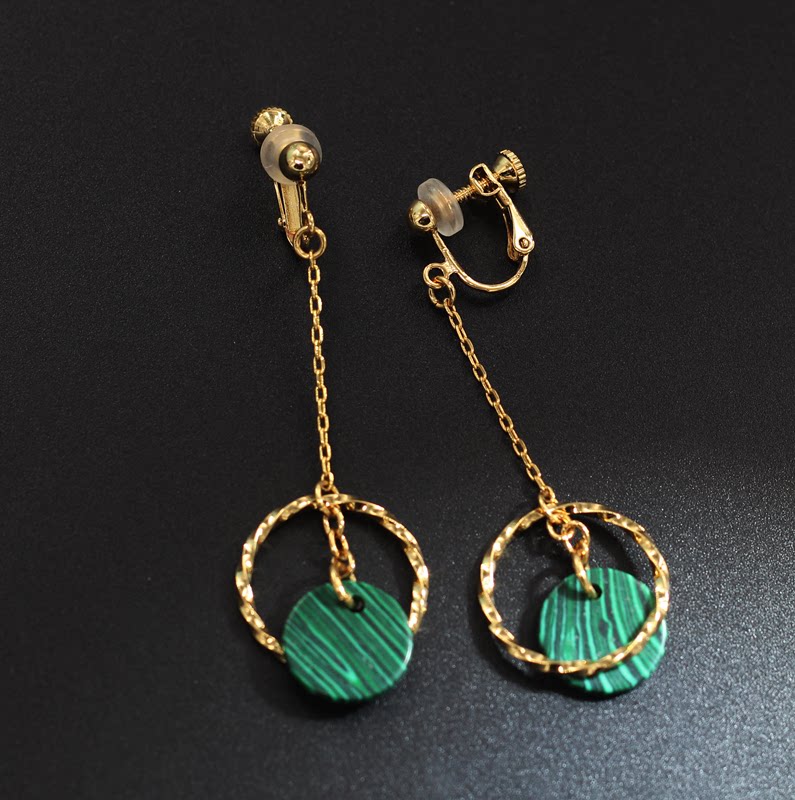 chic极简冷淡风ins红人耳环孔雀石长款韩国气质耳坠可调节耳夹女