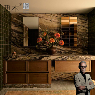 中古风落地浴室柜双盆洗手台盆梳妆台一体盆橡木法式复古岩板热弯