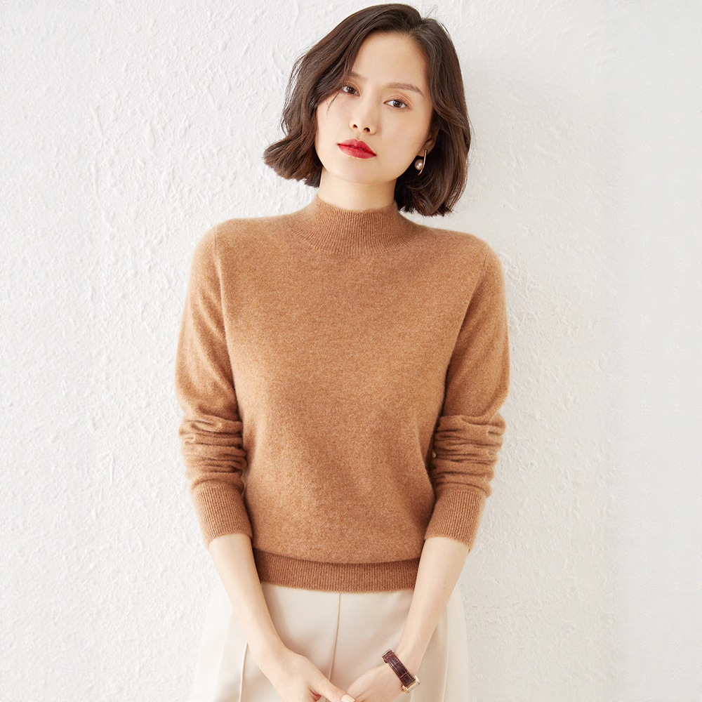 跨境秋季跨境长袖拼接毛衣女包芯纱针织衫宽松打底针织上衣高领毛