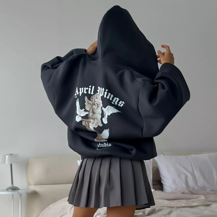 欧美跨境后背印花连帽卫衣女秋时尚个性宽松拉链卫衣外套女甜辣风