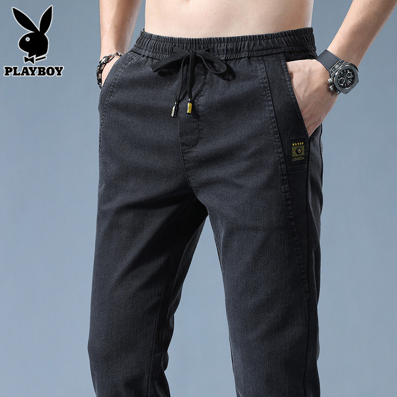 花花公子男士休闲裤春季修身潮流运动帅气黑色百搭小脚长裤子男款