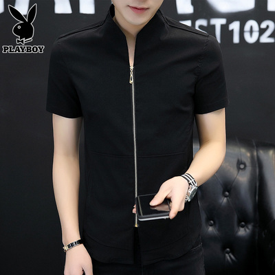 花花公子立领短袖t恤男士夏季冰丝体恤拉链开衫潮牌潮流上衣服男T