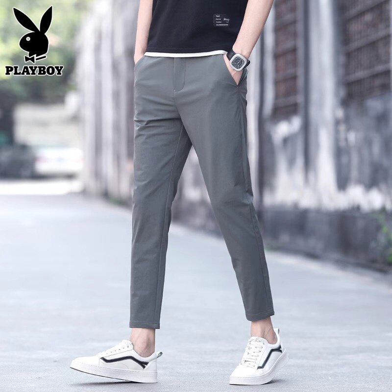 花花公子九分休闲裤男士夏季薄款冰丝潮流西裤修身小脚长裤子男款